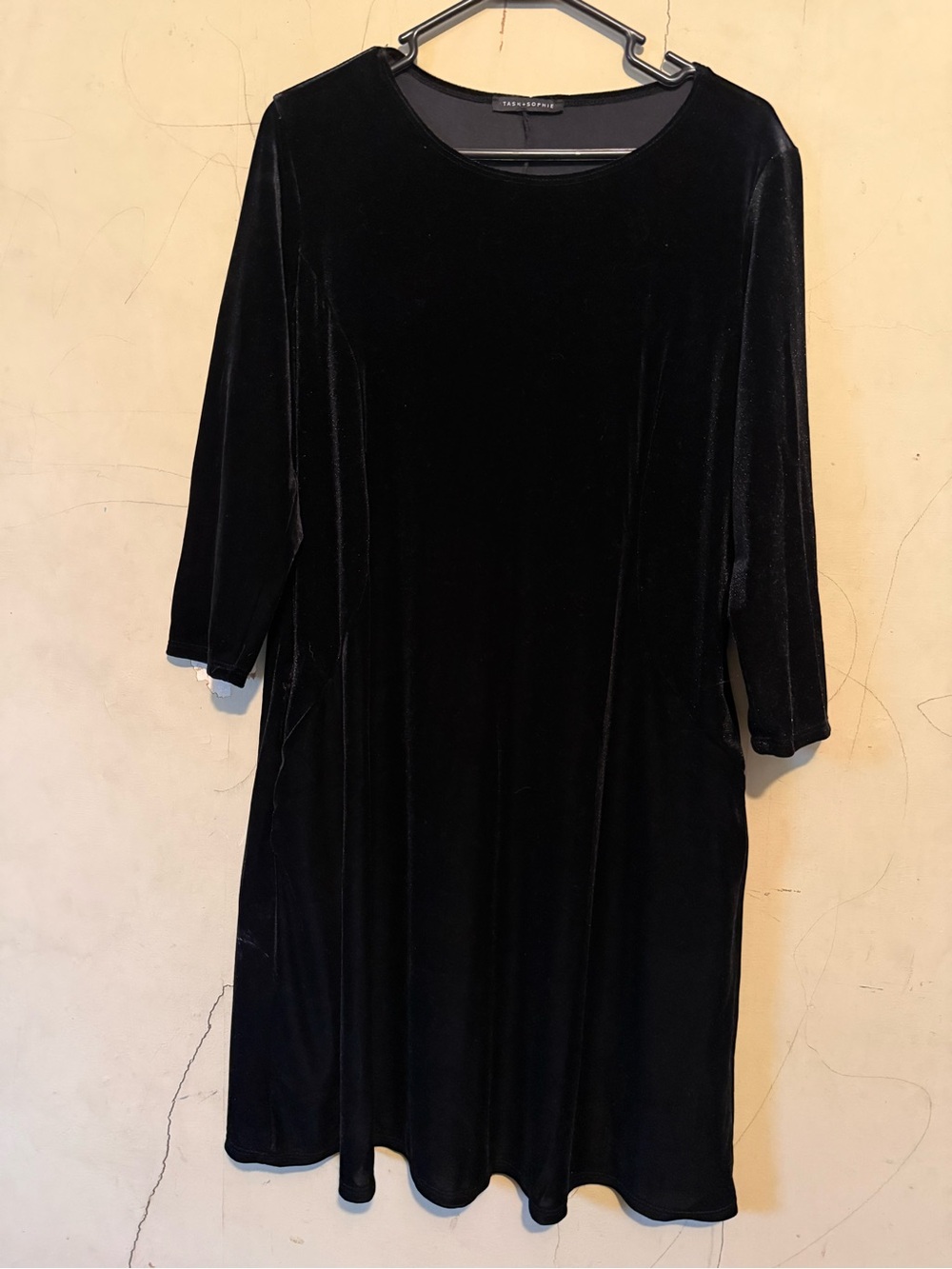 Tash + Sophie Black Velvet Midi Dress with Three-Quarter Sleeves